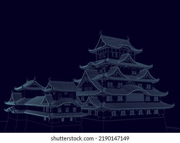 Outline of an old Japanese building with many roofs made of blue lines isolated on a dark background. 3D. Vector illustration.