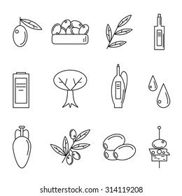 Outline olive oil icons. Vector illustration. Olive branch. Bottle with olive oil. Olive tree.