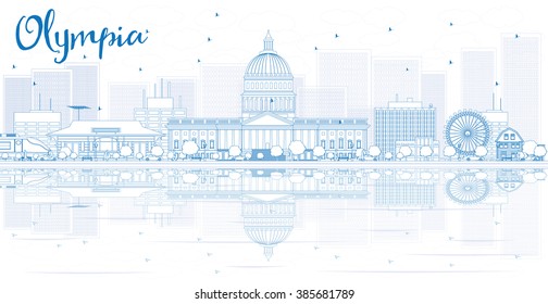 Skyline von Olympia mit blauen Gebäuden und Reflexionen. Vektorgrafik. Business Reise- und Tourismuskonzept mit Platz für Text. Bild für Präsentation, Banner, Plakat und Website.