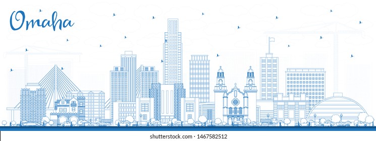 Outline Omaha Nebraska City Skyline with Blue Buildings. Vector Illustration. Business Travel and Tourism Concept with Historic Architecture. Omaha USA Cityscape with Landmarks.