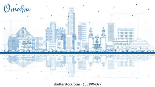 Outline Omaha Nebraska City Skyline with Blue Buildings and Reflections. Vector Illustration. Business Travel and Tourism Concept with Historic Architecture. Omaha USA Cityscape with Landmarks.