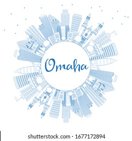 Outline Omaha Nebraska City Skyline with Blue Buildings and Copy Space. Vector Illustration. Business Travel and Tourism Concept with Historic Architecture. Omaha USA Cityscape with Landmarks.