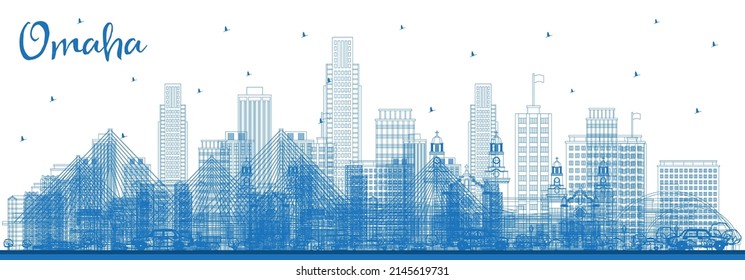 Outline Omaha Nebraska City Skyline with Blue Buildings. Vector Illustration. Business Travel and Tourism Concept with Historic Architecture. Omaha USA Cityscape with Landmarks.