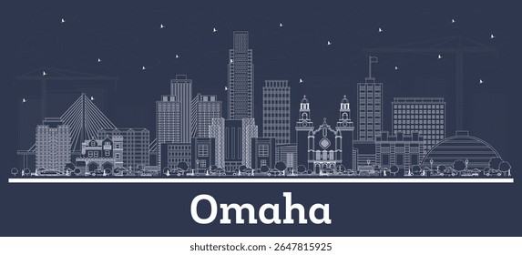 Outline Omaha Nebraska City Skyline with white Buildings. Vector Illustration. Business Travel and Tourism Concept with Historic Architecture. Omaha USA Cityscape with Landmarks.