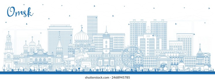 Contorno Omsk Rusia horizonte de la ciudad con edificios azules. Ilustración vectorial. Paisaje urbano de Omsk con Lugares famosos. Concepto de viajes de negocios y turismo con arquitectura moderna e histórica.