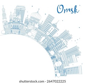 Outline Omsk Russia city skyline with blue buildings and copy space. Vector illustration. Omsk cityscape with landmarks. Business travel and tourism concept with modern and historic architecture.