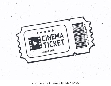 Esbozo de una entrada de cine con código de barras. Cupón retro de papel para la entrada de películas. Símbolo de la industria cinematográfica. Ilustración vectorial. Esbozo de tinta negra dibujado a mano, aislado en fondo blanco