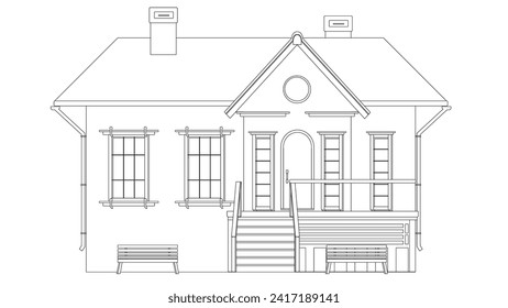 Outline of one-story house with porch and benches isolated on white background. Vector clipart.