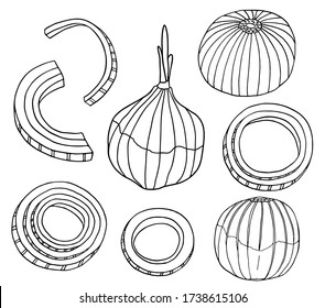 Outline onion vector illustration set. Hand drawn black and white bulb, rings and slices of onion. Fresh ingredients doodle drawing