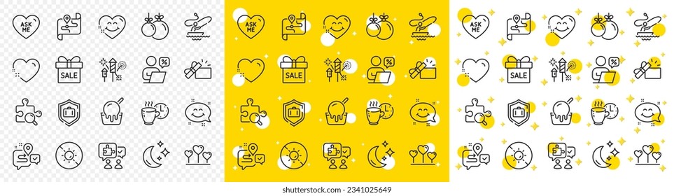 Outline Online discounts, Ice cream and Map line icons pack for web with Smile face, Opened gift, Journey line icon. Moon, Sale offer, Puzzle pictogram icon. Luggage protect, Love heart. Vector