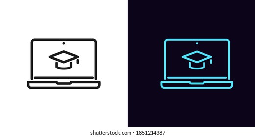 Outline Online Education Icon. Linear Webinar Sign With Editable Stroke, Digital Study On Laptop. Video Course Platform, Distance Learning, Teaching Tutorial. Vector Icon, Sign, Symbol For UI