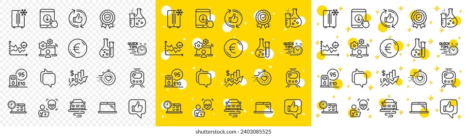 Outline Online test, Rise price and Online job line icons pack for web with Refresh like, Insurance medal, Refrigerator line icon. Laptop, Chemistry lab, Route pictogram icon. Vector