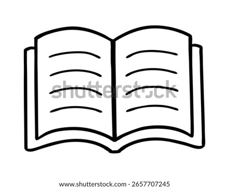 Outline open book icon with chapter and pictures. Cute concept of reading lovers, kids learning, study. Academic book, literature, encyclopedia. Back to school supply. Hand drawn isolated doodle.