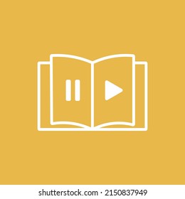 Outline open book icon with player buttons on yellow background. Audio book concept. Vector illustration.