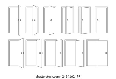 Iconos de puertas abiertas y cerradas. Señales de puertas interiores con diferentes grados de apertura de Ilustración vectorial aislada