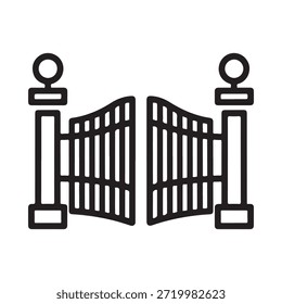 An outline of an open decorative iron gate with pillars