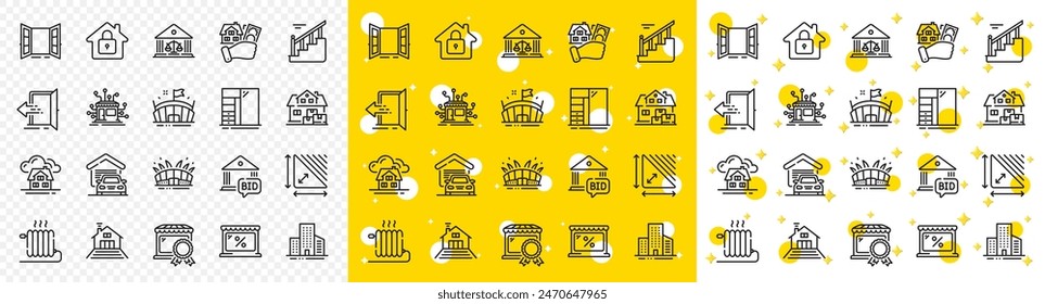 Outline Open door, Arena and Distribution line icons pack for web with Arena stadium, Buying house, Bid offer line icon. Court building, Stairs, Building pictogram icon. Garage. Vector