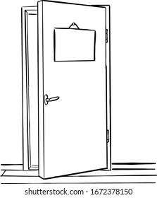 Outline open door with blank sign for your text. Nameplate vector illustration