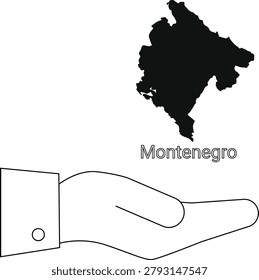 Outline of an open hand holding the silhouette of Montenegro map
