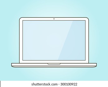 Outline open laptop with blank screen.  Isolated. Vector illustration.