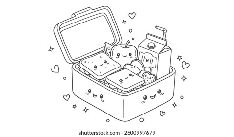 Outline of an Open Lunchbox Filled With a Sandwich, Fruit, and a Juice Box, All With Cheerful Faces