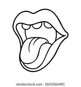 Outline open mouth with tongue sticking out on a lips teeth