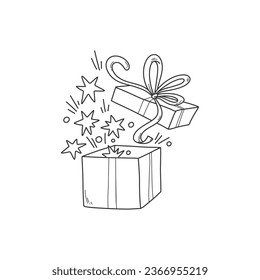 Outline open present box with ribbon and stars. Vector illustration, isolated on a transparent background