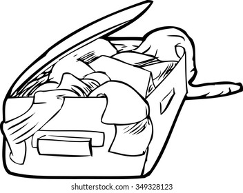 Outline of open suitcase with clothing inside over white