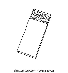 Outline opened matchbox with matches inside icon. Doodle, black and white illustration. Vector Stock illustration.