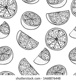 Outline orange fruit seamless pattern for textile. Natural background. Retro collection for print design. Seamless drawing vector background.