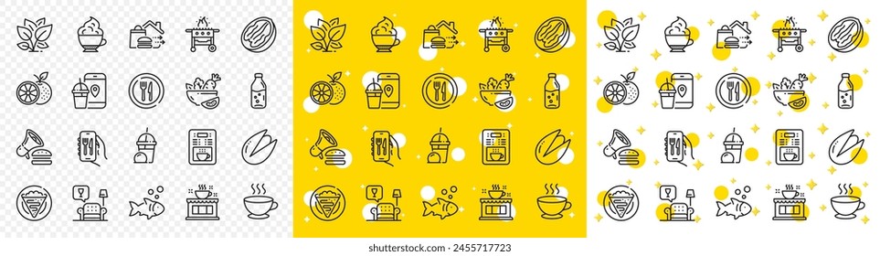 Outline Orange, Leaf and Ice cream milkshake line icons pack for web with Gas grill, Coffee cup, Cappuccino cream line icon. Coffee maker, Food app, Pistachio nut pictogram icon. Crepe. Vector