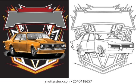 Contorno laranja e carro de corrida pintado. Isolado em fundo preto, para design de camisetas, impressão e para fins comerciais.