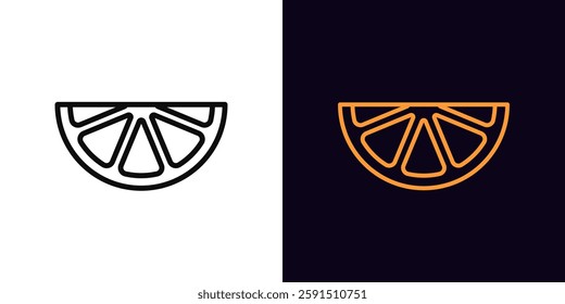 Outline orange slice icon, with editable stroke. Orange fruit piece, grapefruit slice. Ripe citrus fruit, orange garden, organic food, tropical fruit diet, summer vitamins, health food. Vector icon