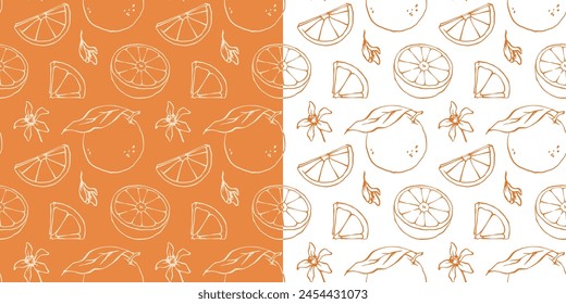 Contorno de Vector naranja sin patrón. Línea de tinta dibujada a mano boceto estilo cítricos y flores sin fin de fondo para el embalaje y papel de embalaje.