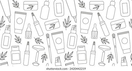 Outline organic cosmetics seamless pattern. Natural facial care. Everyday beauty routine. Linear background, wrapping paper. Line art.