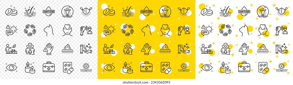 Outline Organic tested, First aid and Spf protection line icons pack for web with No sun, Eco bike, Washing hands line icon. Anti-dandruff flakes, Capsule pill, Family insurance pictogram icon. Vector