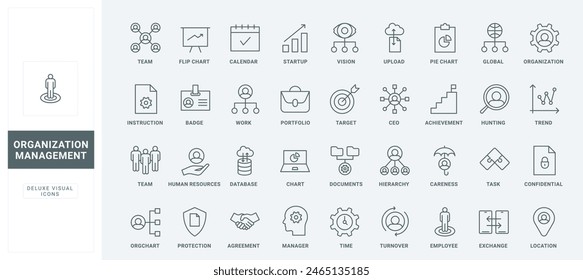 Outline organizational chart and diagram of business hierarchy of employees, team support, human resources. Company organization and management thin black and red line icons set vector illustration