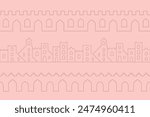 Outline oriental moroccan seamless border. Vector arabic arches, city landscape, windows.