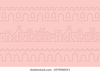 Outline oriental moroccan seamless border. Vector arabic arches, city landscape, windows.