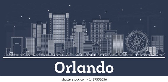 Outline Orlando Florida City Skyline with White Buildings. Vector Illustration. Business Travel and Tourism Concept with Historic Architecture. Orlando USA Cityscape with Landmarks.