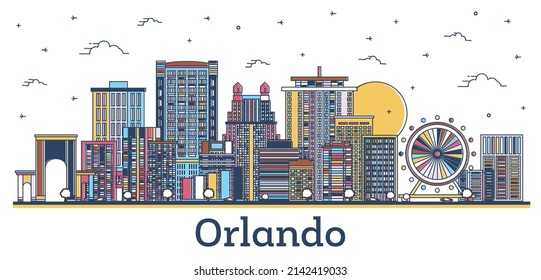 Esbozo de Orlando Florida City Skyline con Edificios Coloridos Modernos e Históricos Aislados en Blanco. Ilustración vectorial. El paisaje de Orlando USA con monumentos.