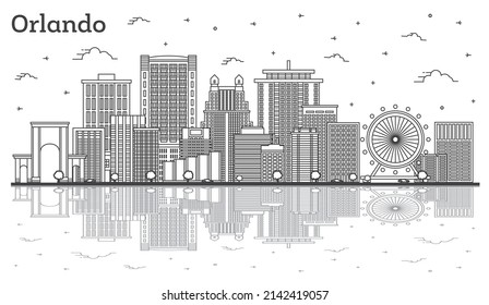 Esbozo de Orlando Florida City Skyline con edificios modernos y reflexiones aisladas en blanco. Ilustración vectorial. El paisaje de Orlando USA con monumentos.