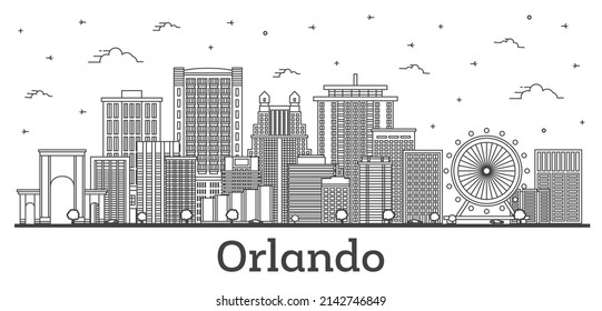 Esbozo de Orlando Florida City Skyline con edificios modernos e históricos aislados en blanco. Ilustración vectorial. El paisaje de Orlando USA con monumentos.