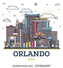 Esbozo de Orlando Florida City Skyline con Edificios Coloridos Modernos e Históricos Aislados en Blanco. Ilustración vectorial. El paisaje de Orlando USA con monumentos.