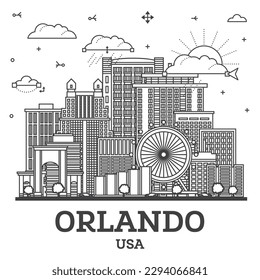 Esbozo de Orlando Florida City Skyline con edificios modernos e históricos aislados en blanco. Ilustración vectorial. El paisaje de Orlando USA con monumentos.