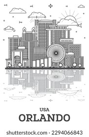 Outline Orlando Florida City Skyline with Modern Buildings and Reflections Isolated on White. Vector Illustration. Orlando USA Cityscape with Landmarks.