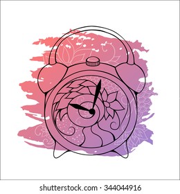 Outline Ornamental Floral Sketch Retro Alarm Clock on Watercolor Background