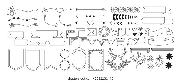 Outline ornaments set. Victorian patterns, frames and dividers. Arrows and envelope, wreath. Minimalist creativity and art. Linear vector collection isolated on white background