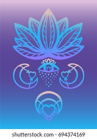 Outline ornate lotus flower vector with alchemy eye, moon and heart esoteric symbols, Hand drawn beautiful lotus on blue and purple gradient background. Great as t shirt, tattoo, textile, poster print