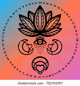 Outline ornate lotus flower vector with alchemy eye, moon and heart esoteric symbols, Hand drawn beautiful lotus framed with alchemy symbols. Great as t shirt, tattoo, textile, poster print